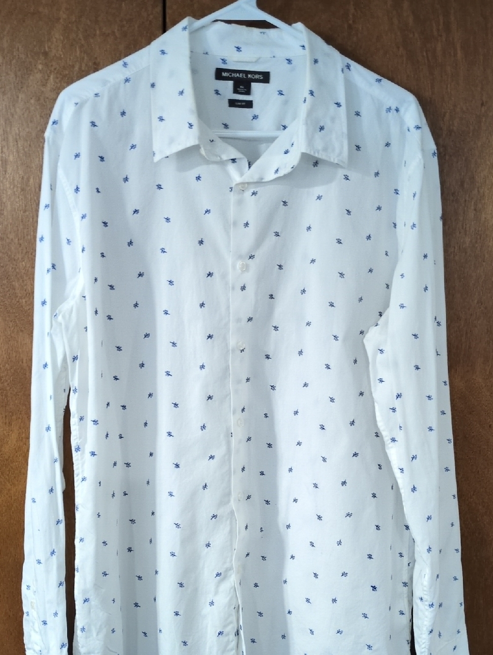 Michael Kors White Button-Up Shirt with Blue Micro Print EUC XL